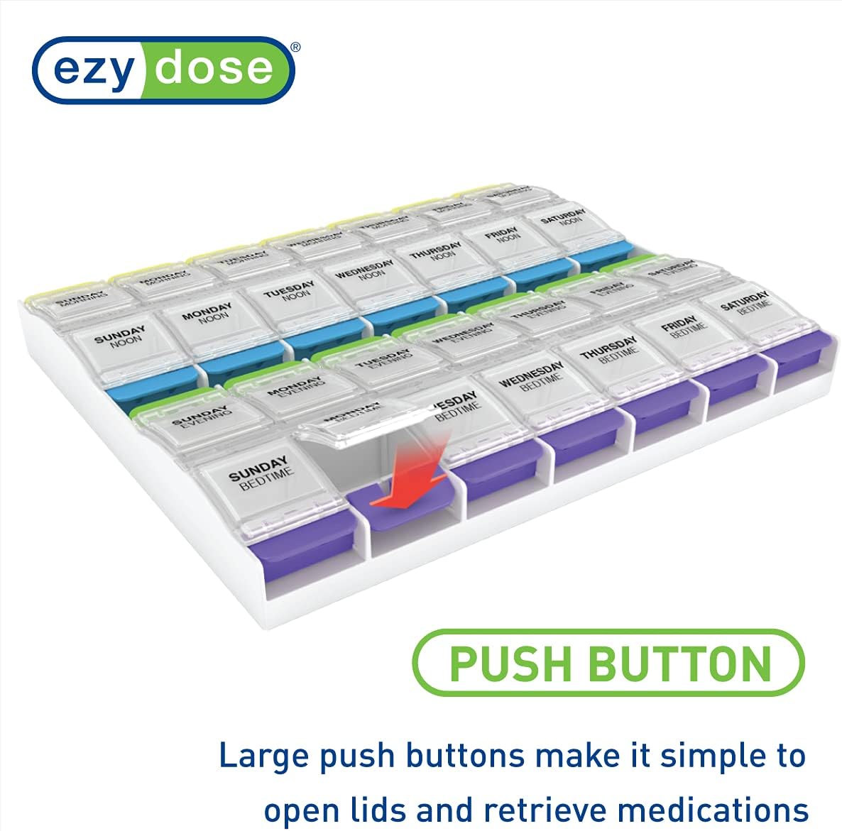 Ezy Dose Weekly (7-Day) Pill Organizer, Vitamin and Medicine Box, 2X-Large Push Button Compartments, 4 Times a Day, Clear Lids - 24hrsmart